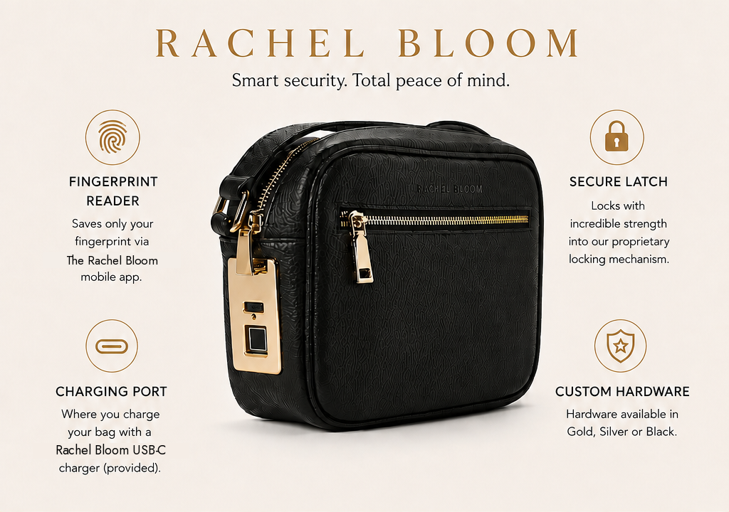 The Smart Anti-Theft Crossbody — fingerprint reader, secure latch, charging port and custom hardware.