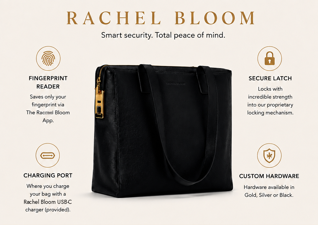 The Smart Anti-Theft Tote — fingerprint reader, secure latch, charging port and custom hardware.
